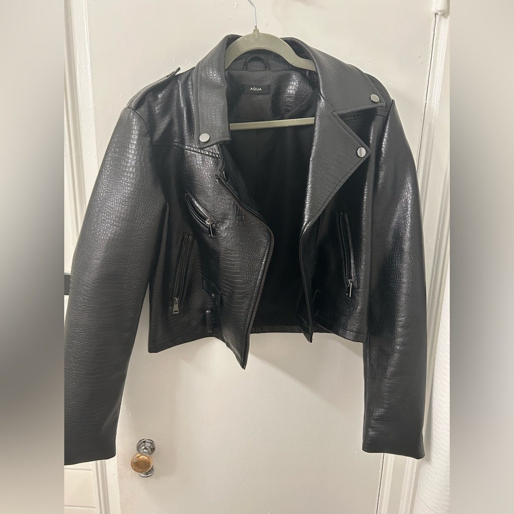 Aqua Textured Black Leather Jacket
